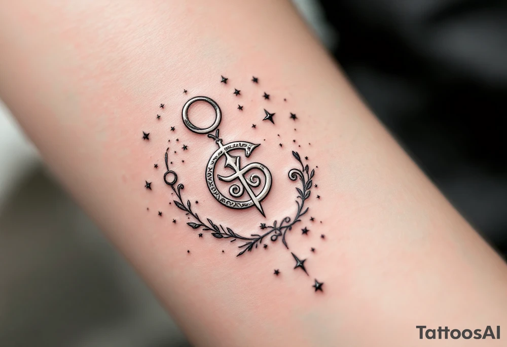 A silver symbol for love rune carved with sharp, clean lines  surrounded by celestial elements like moons and stars. tattoo idea