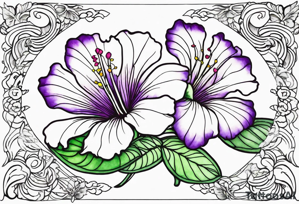 An outline of a rio dipladenia flower with green and purple watercolor behind it tattoo idea
