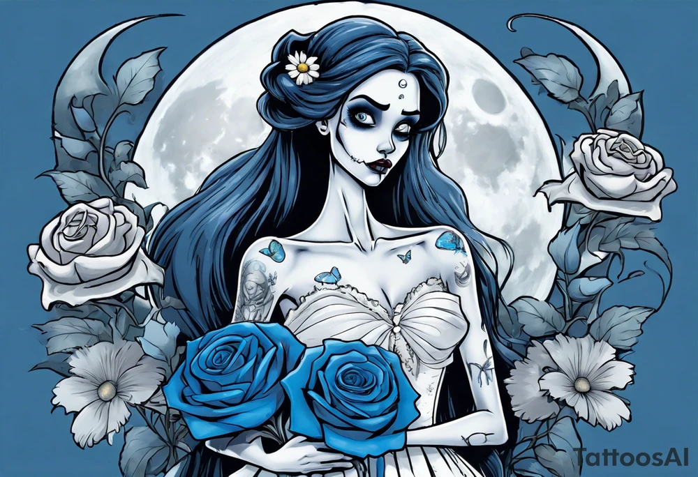 corpse bride Emily wearing a wedding dress she is holding a blue rose bouquet of flowers. one white daisy in the middle of the bouquet. one blue butterfly. A full moon on the background. full grown tattoo idea