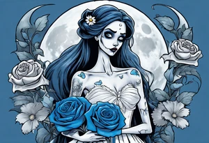 corpse bride Emily wearing a wedding dress she is holding a blue rose bouquet of flowers. one white daisy in the middle of the bouquet. one blue butterfly. A full moon on the background. full grown tattoo idea