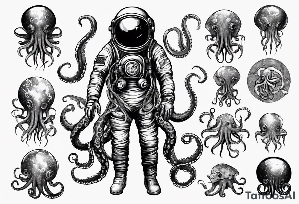 Astronaut wrapped up in an octopus’ tentacles tattoo idea