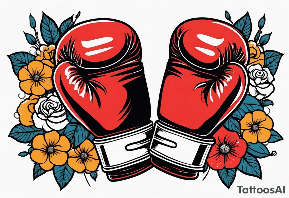 boxing gloves and flowers around the gloves  bold colors traditional old school vintage tattoo idea
