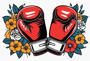 boxing gloves and flowers around the gloves  bold colors traditional old school vintage tattoo idea