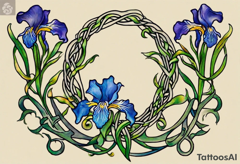 Create a colorful small Vincent van Gogh Irises tattoo with Celtic knots. The tattoo should take the form of a crescent, with vines gracefully intertwining at a central point in the middle of the wreath. Ensure that the design avoids the appearance of a bush and maintains a more structured and deliberate arrangement. The intended placement is on the upper chest. The overall design should be small in size while maintaining a delicate and artistic aesthetic. Pay attention to the graceful flow of the vines and the placement of the irises to achieve a refined and elegant look. tattoo idea
