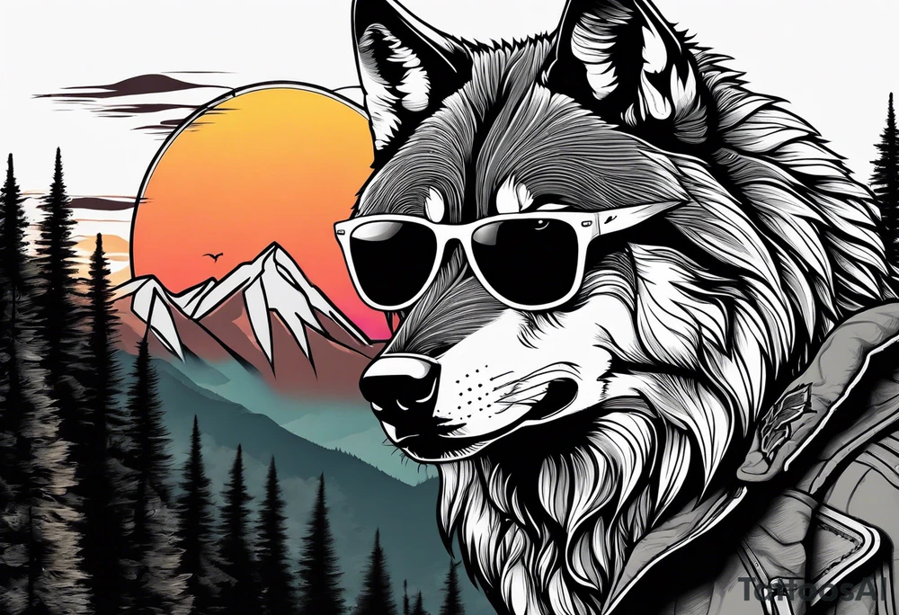 Badass wolf wearing sunglasses
Dark woods
Mountain peaks
Sunset tattoo idea