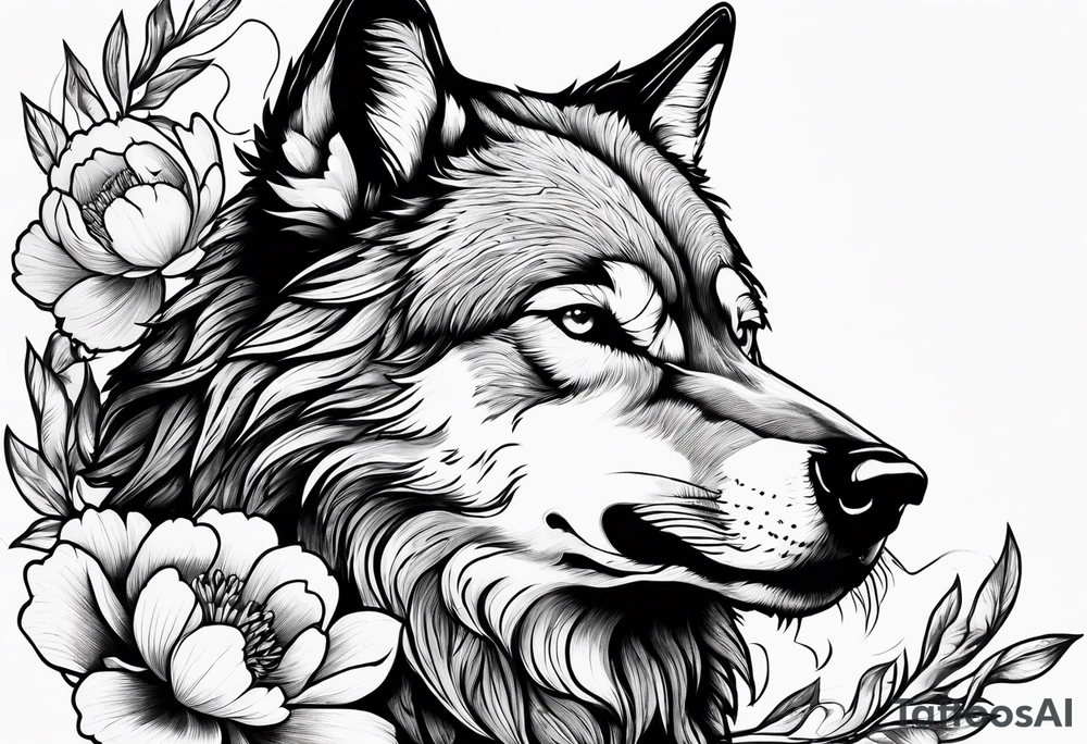 Fighting wolf with peony tattoo idea
