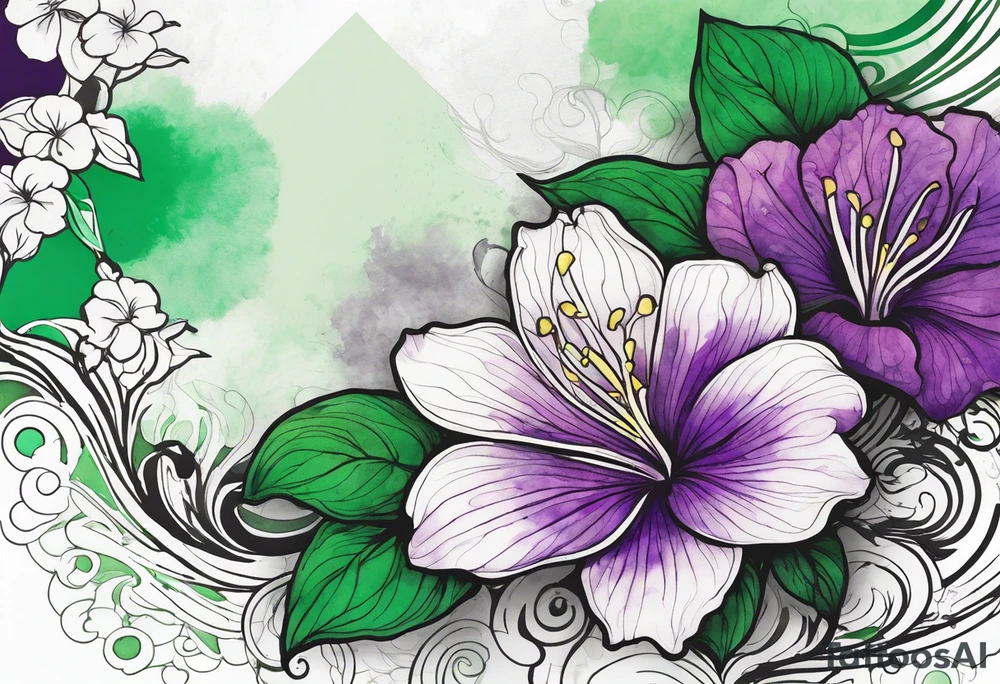 A mystical outline of a green and purple rio dipladenia flower and a green and purple watercolor splash in the background tattoo idea
