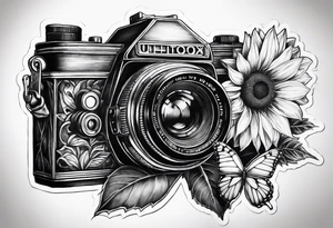 Butterfly, sunflower, camera, book tattoo idea