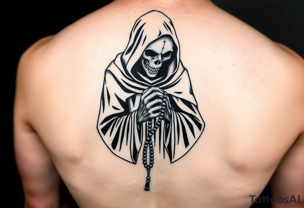 A black-and-white tattoo design of the Grim Reaper. He is standing straight in a geometric art style. His head is bowed, and his hands are clasped in prayer, with rosary beads wrapped around them. He looks down toward the beads tattoo idea