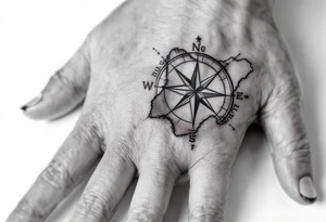 Compass on the back of the palm in the shape of Nigeria with longitude written on the top and latitude written on the bottom. Draw lines and water waves around the tattoo tattoo idea