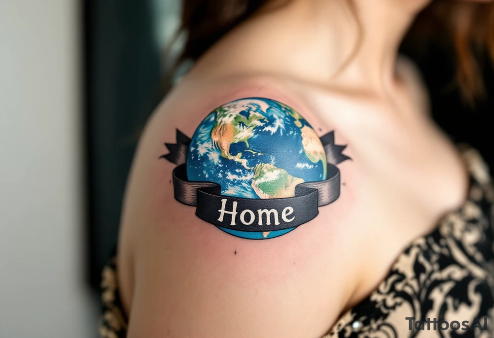 A traditional-style tattoo of Earth in bold royal blue and bright green is framed by black banners reading “Home.” tattoo idea