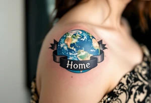 A traditional-style tattoo of Earth in bold royal blue and bright green is framed by black banners reading “Home.” tattoo idea