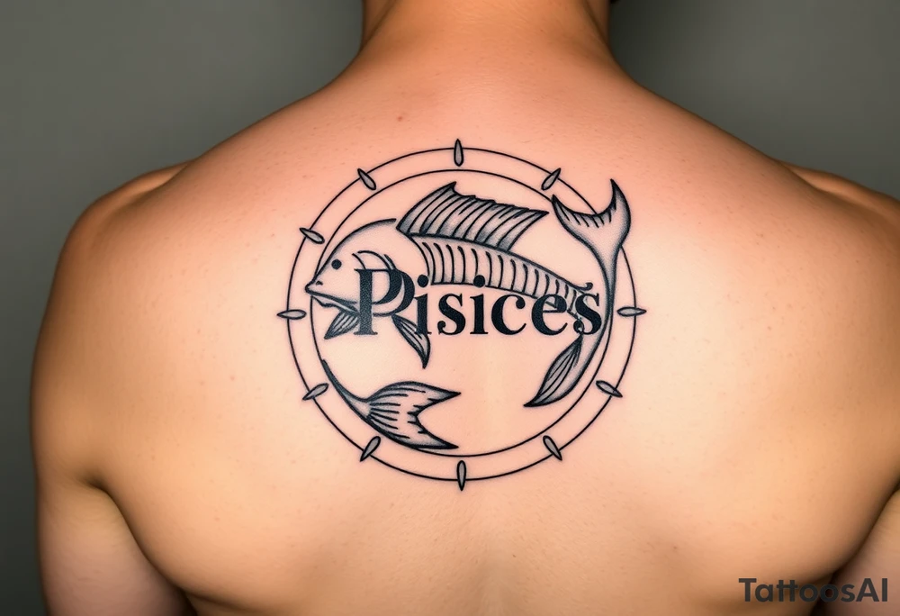 unique zodiac sign around the word Pisces tattoo idea