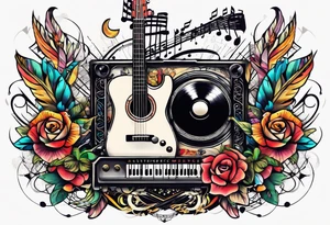 1/4 sleeve length
music notes, a cassette tape, and
instruments tattoo idea