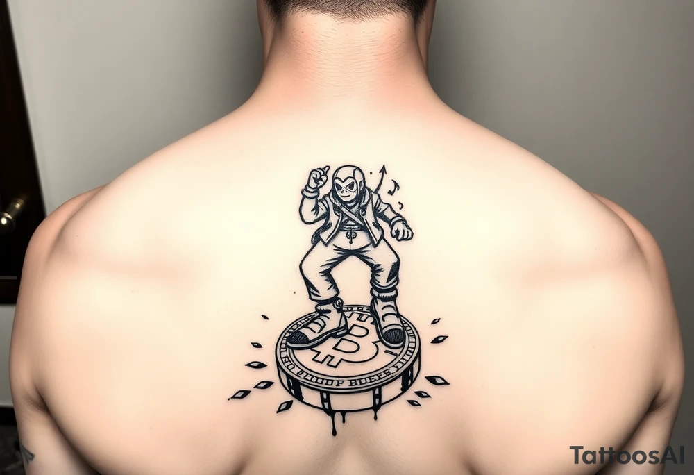 Create a custom neck tattoo stencil Use a street-art / pop-art vibe (cartoon figures, bold lines, X-ed out eyes). Have the main character stepping on a bitcoin, make them in todays street designer fashion if possible tattoo idea