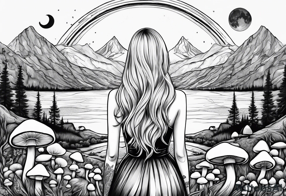 Straight blonde hair girl facing away mountains surrounded by mushrooms crescent moon tattoo idea