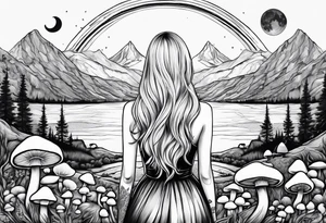 Straight blonde hair girl facing away mountains surrounded by mushrooms crescent moon tattoo idea