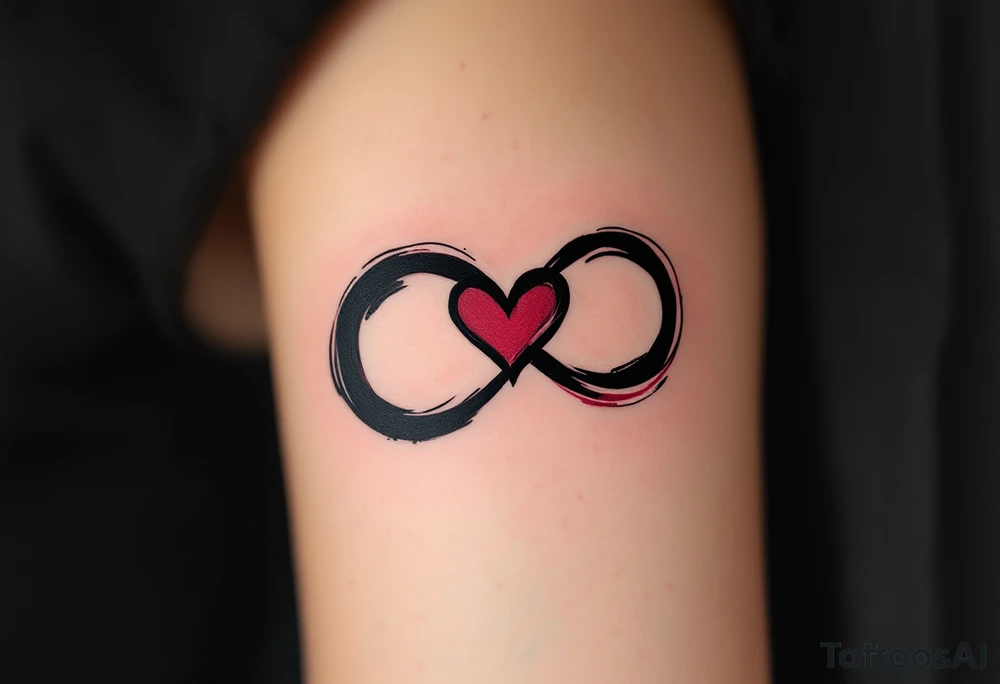 A brushstroke-style infinity loop in shades of black and wine red, forming a heart on one side. tattoo idea