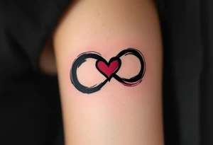 A brushstroke-style infinity loop in shades of black and wine red, forming a heart on one side. tattoo idea