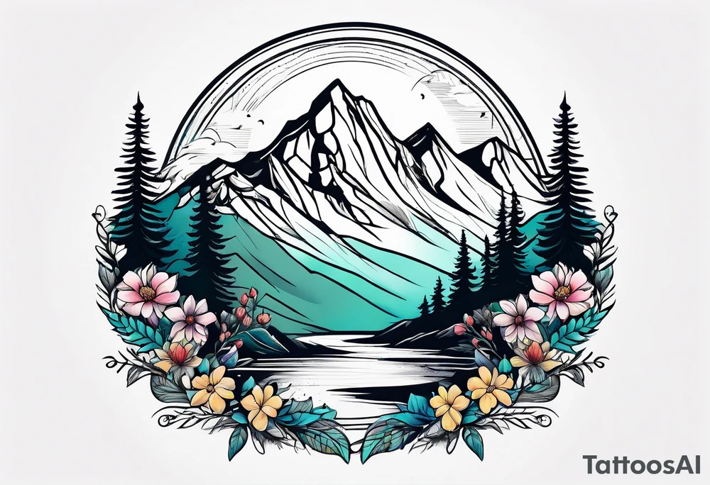 Mountains and trees with wildflowers tattoo idea