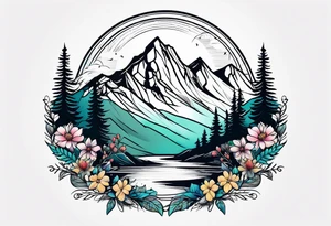 Mountains and trees with wildflowers tattoo idea