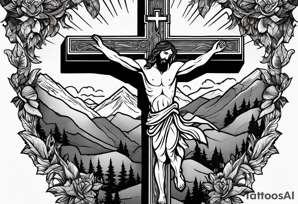 hand reaching through the cross of Christ holding a man on the other side in the mountains tattoo idea