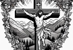 hand reaching through the cross of Christ holding a man on the other side in the mountains tattoo idea
