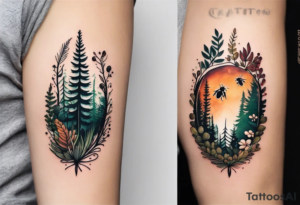 forest floor inspired minimalist tattoo, which includes grass, curly ferns, moss and dead leaves as the bulk of the tattoo. details to include: forest berries, a tiny bumblebee flying nearby, three small brown mushrooms
Generate a vertically long one tattoo idea