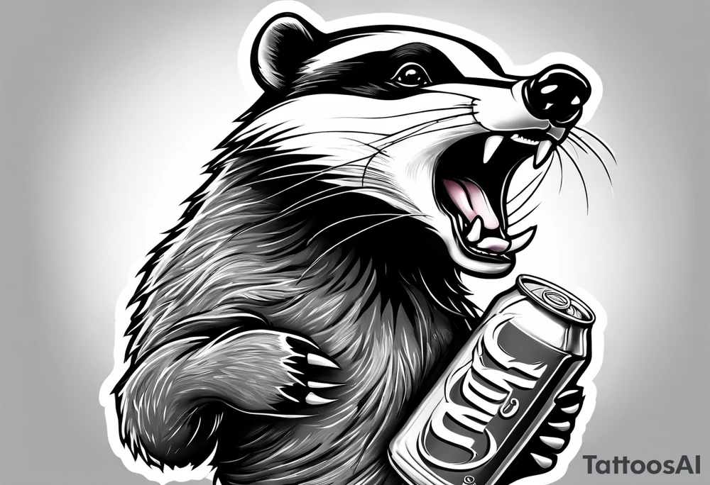 Angry badger with mouth open with soda can and chips in hands tattoo idea