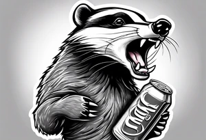 Angry badger with mouth open with soda can and chips in hands tattoo idea