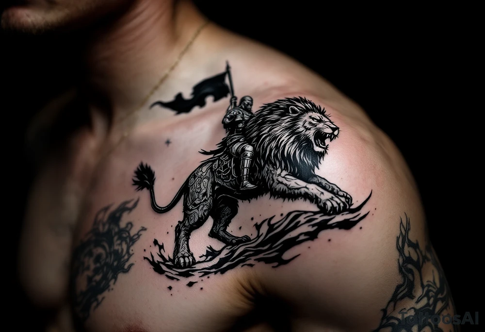 Black warrior riding on top of lion into battle tattoo idea