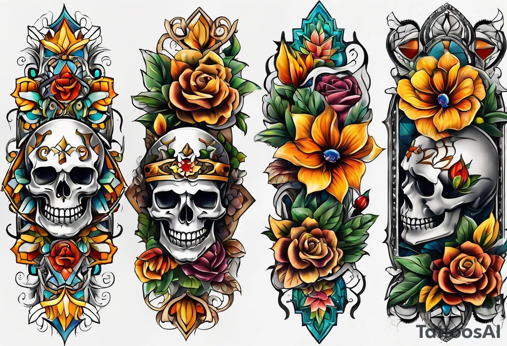 Old school center Knee tattoo with skulls, various flowers, water shapes and fall colors tattoo idea