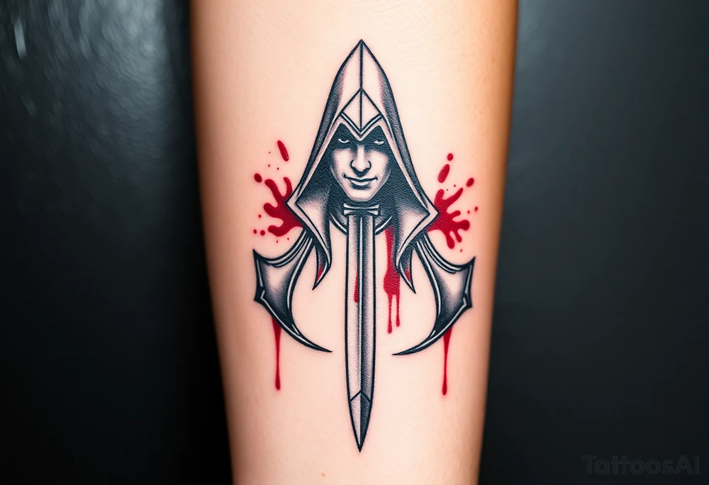 Assassins Creed emblem with Ezio hooded character, no face, with blood splashes and a sword through the entire tattoo tattoo idea