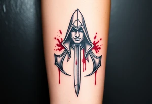 Assassins Creed emblem with Ezio hooded character, no face, with blood splashes and a sword through the entire tattoo tattoo idea