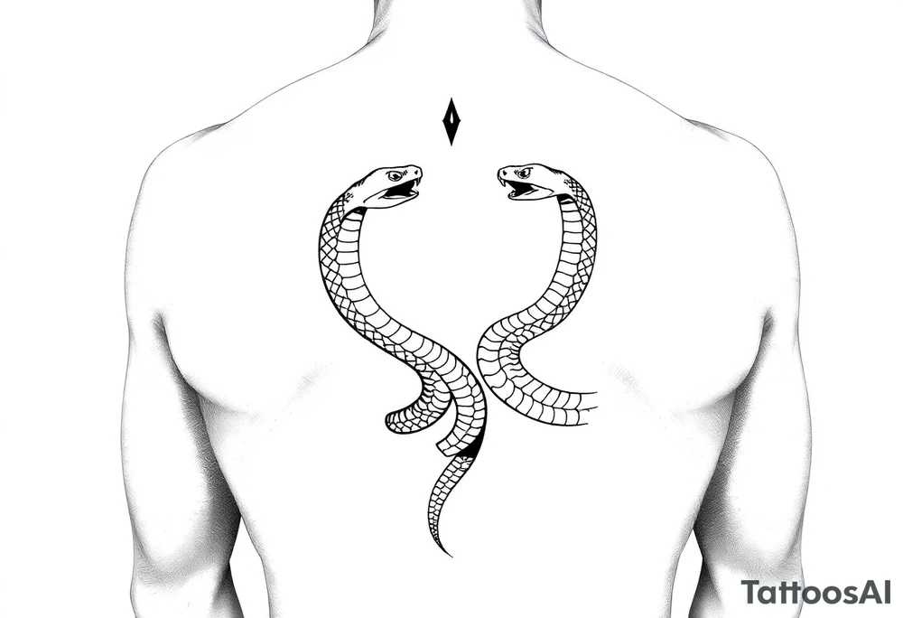 Id like a back tattoo with two snakes.  The illustration should be minimal with "skin-break."  I'd like the tails to be intertwined to accentuate my upper buttocks/upper butt crack, and Id like the snakes to moving upwards to the upper back, with the heads stopping just under my shoulder blades.  Almost like a "V shape" but very organic, like a symmetrical winding road.  Id like the tattoo to be sexy and accentuate my back to make my waist look small.  Black and white. Minimal.  Fine line. Please use a male body type. tattoo idea