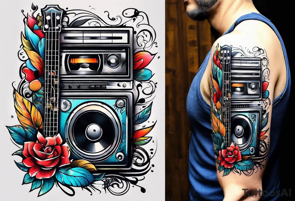 sleeve

music notes, a cassette tape, and
instruments tattoo idea