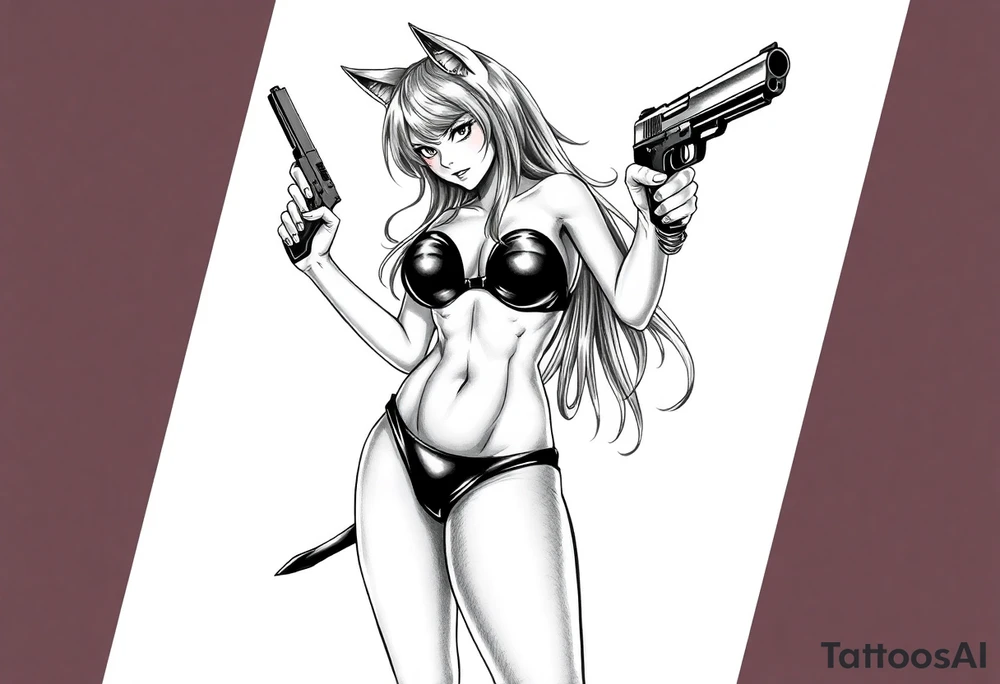 naked catgirl, slut, anime, holding gun, black, leather bikini, angry tattoo idea