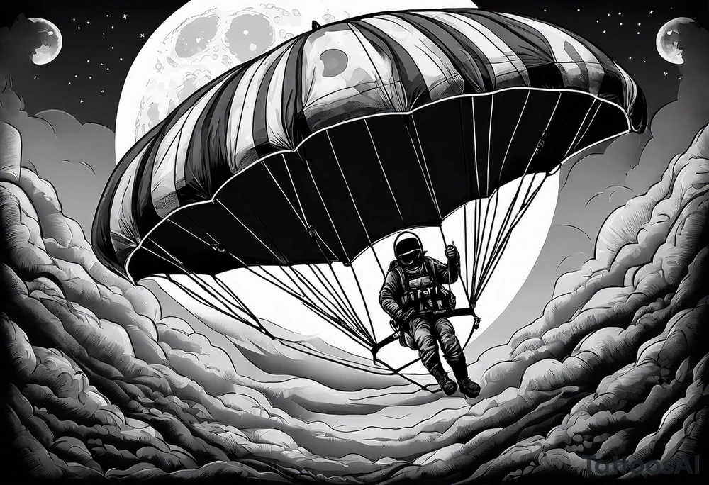 Parachutist undet canopy in front of a full moon. The moon looks like a skull tattoo idea