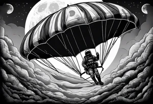 Parachutist undet canopy in front of a full moon. The moon looks like a skull tattoo idea