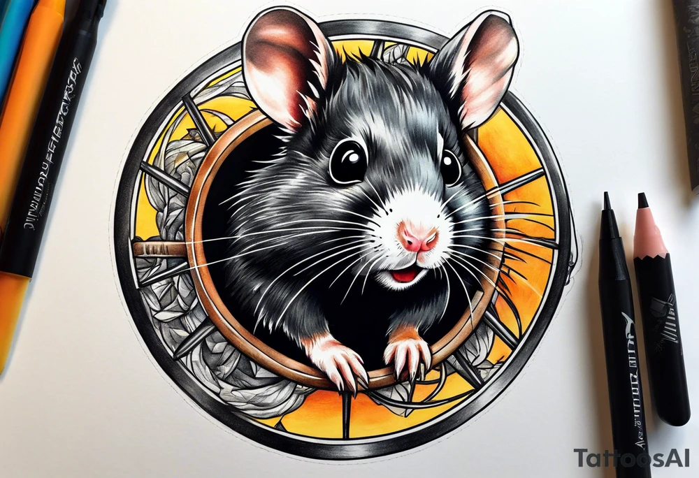 A black hamster running in his wheel tattoo idea