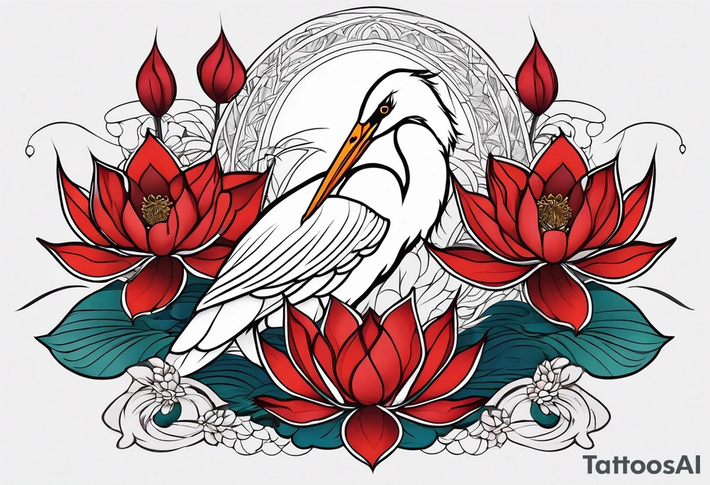 Egret and red lotuses tattoo idea