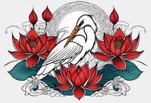 Egret and red lotuses tattoo idea