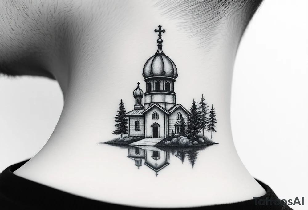 medium sized russian orthodox dome church with a separated virgin mary praying beside a lake and pine trees on the sized of my neck tattoo idea