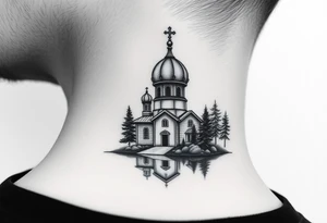 medium sized russian orthodox dome church with a separated virgin mary praying beside a lake and pine trees on the sized of my neck tattoo idea
