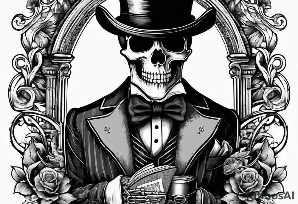 old time skeleton wearing a top hat holding a bible tattoo idea
