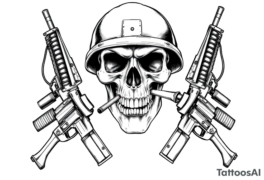 A stoic skull in a military helmet, cigar burning, flanked by crossed assault rifles and grenades. tattoo idea
