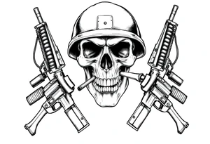 A stoic skull in a military helmet, cigar burning, flanked by crossed assault rifles and grenades. tattoo idea