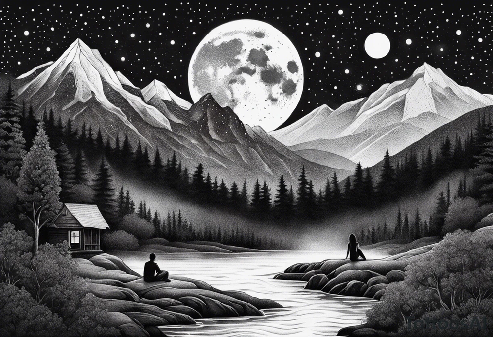a family of three sitting in a nature with mountains, waterfall, water, and a cross in the background and and moon in the sky with stars tattoo idea