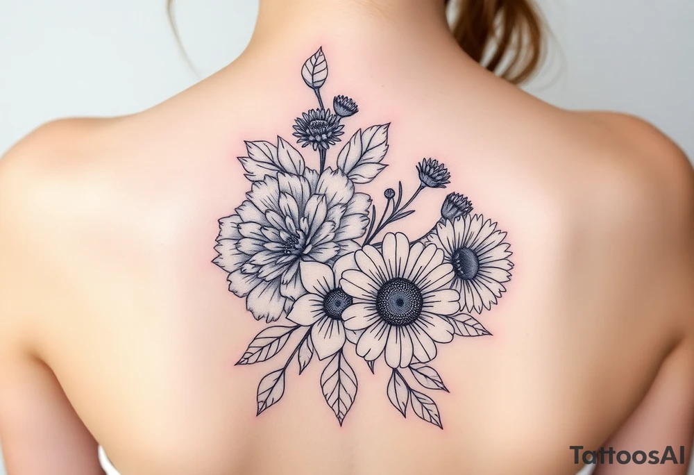 A mix of black and white outline and colored flowers including a carnation and daisy tattoo idea