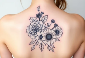 A mix of black and white outline and colored flowers including a carnation and daisy tattoo idea